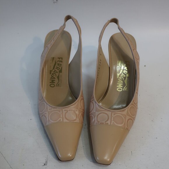 Authentic Salvatore Ferragamo Nude Gancini Embossed Slingback Heels Pumps 8 - Picture 2 of 12